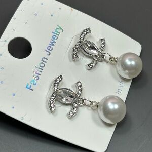Silver With Pearl & Rhinestones Dangle Earrings